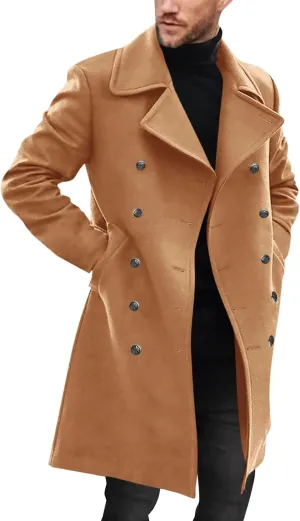 Runcati Mens Double Breasted Trench Coat Notch Lapel Peacoat Mid Long Winter Classic Overcoat