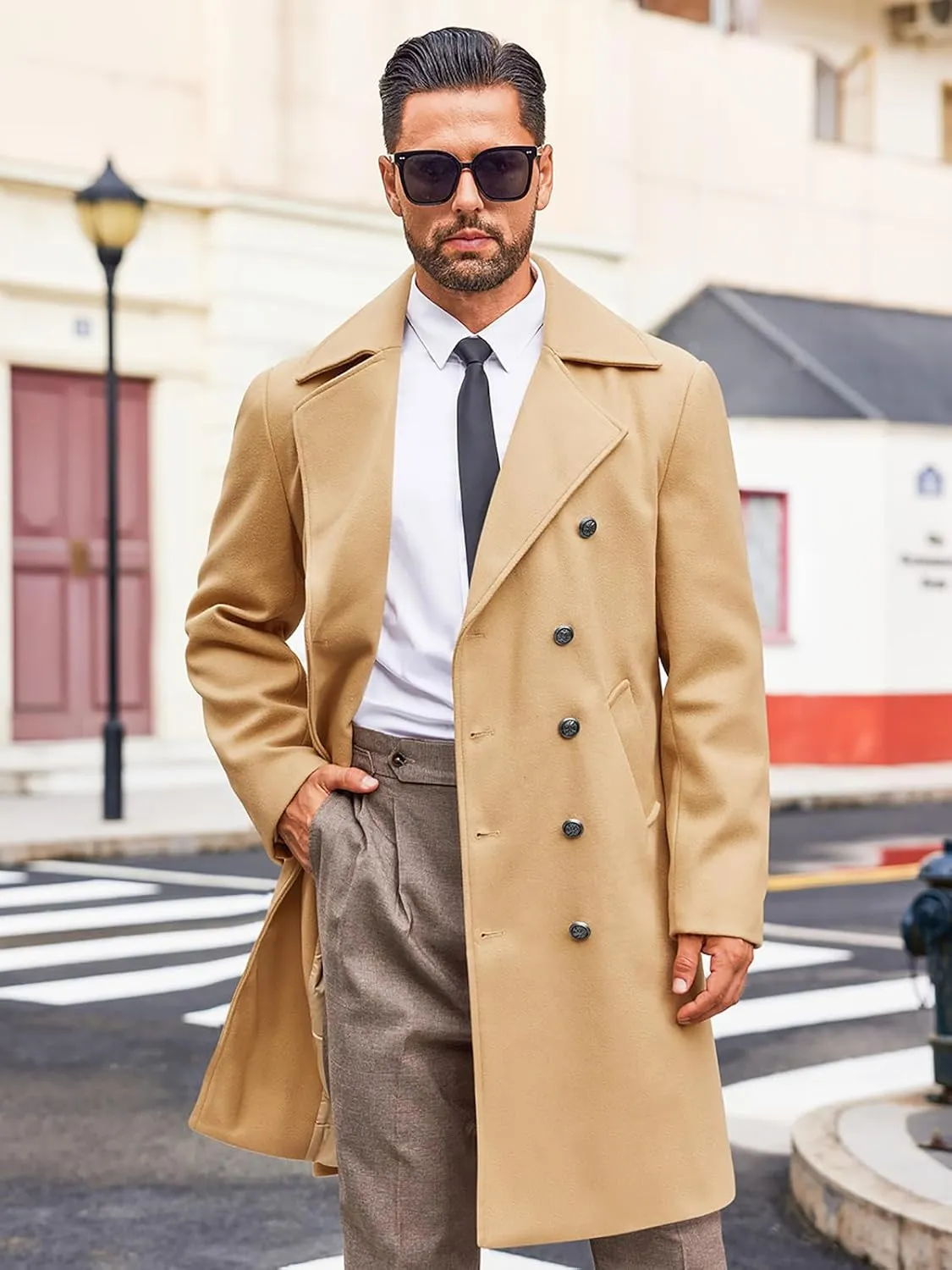 Runcati Mens Double Breasted Trench Coat Notch Lapel Peacoat Mid Long Winter Classic Overcoat