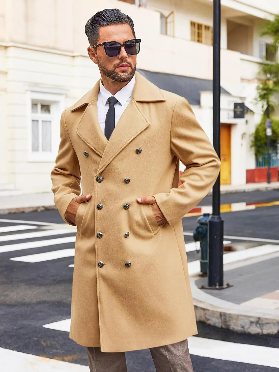 Runcati Mens Double Breasted Trench Coat Notch Lapel Peacoat Mid Long Winter Classic Overcoat