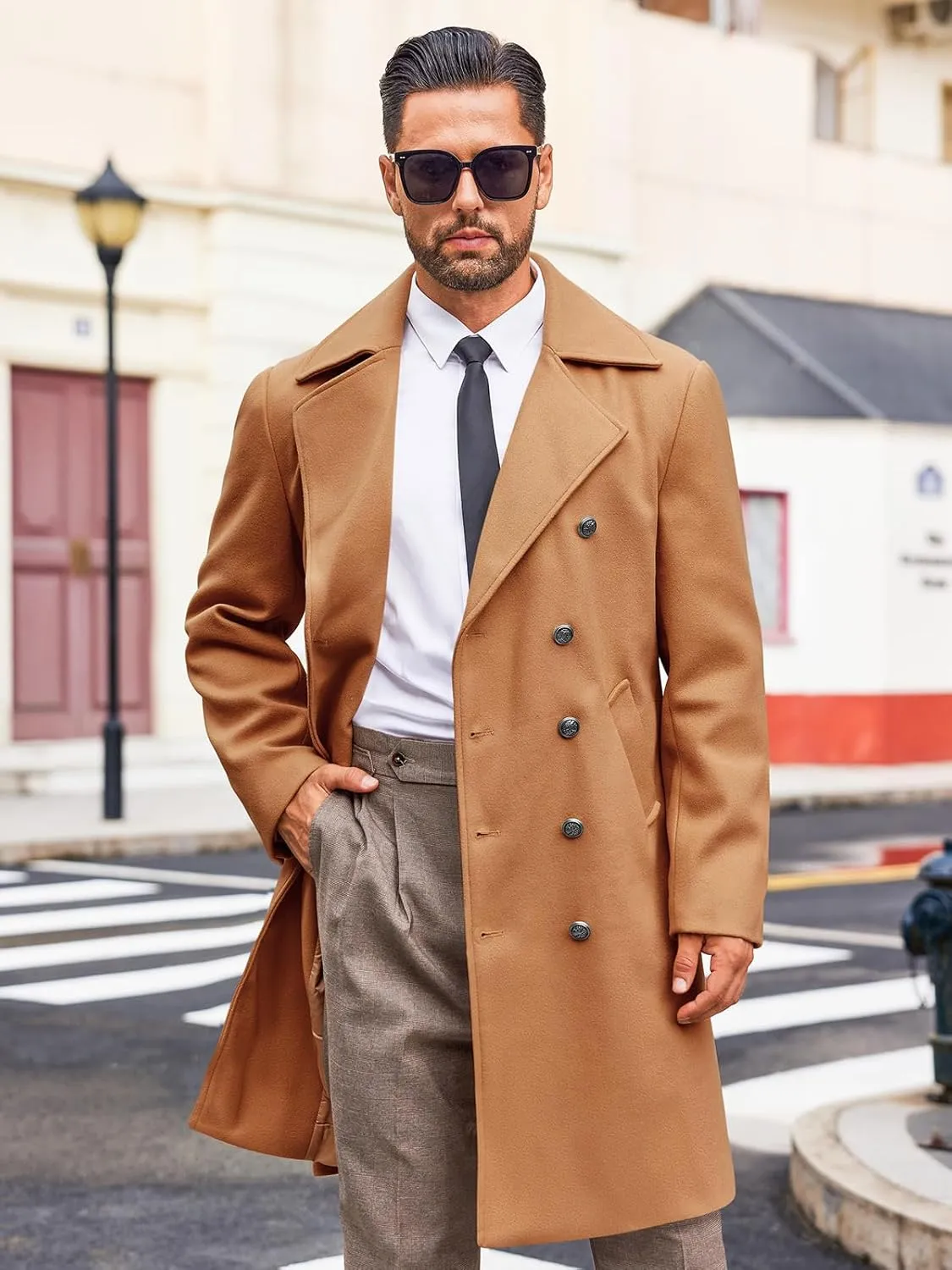 Runcati Mens Double Breasted Trench Coat Notch Lapel Peacoat Mid Long Winter Classic Overcoat