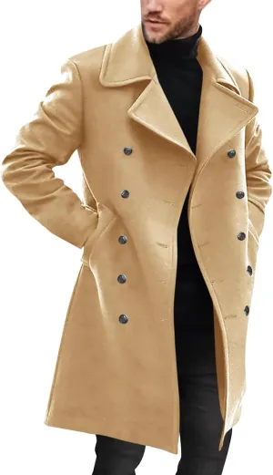Runcati Mens Double Breasted Trench Coat Notch Lapel Peacoat Mid Long Winter Classic Overcoat