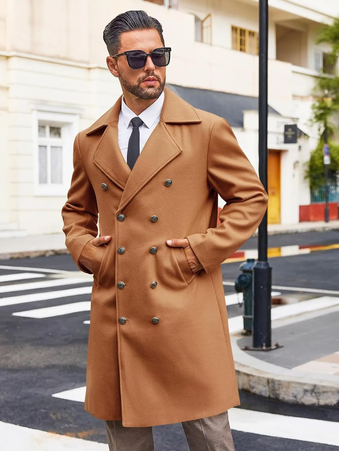 Runcati Mens Double Breasted Trench Coat Notch Lapel Peacoat Mid Long Winter Classic Overcoat