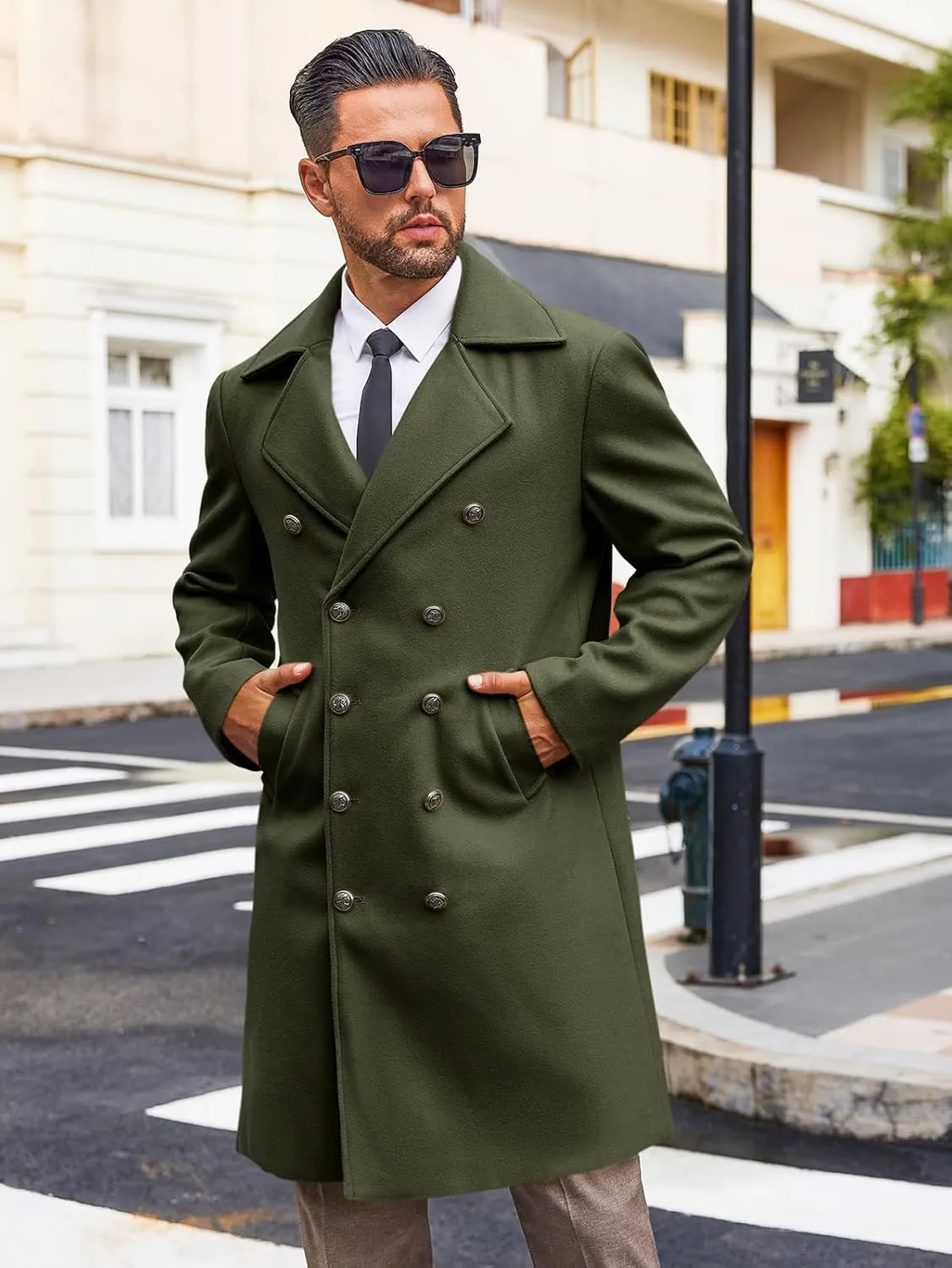 Runcati Mens Double Breasted Trench Coat Notch Lapel Peacoat Mid Long Winter Classic Overcoat