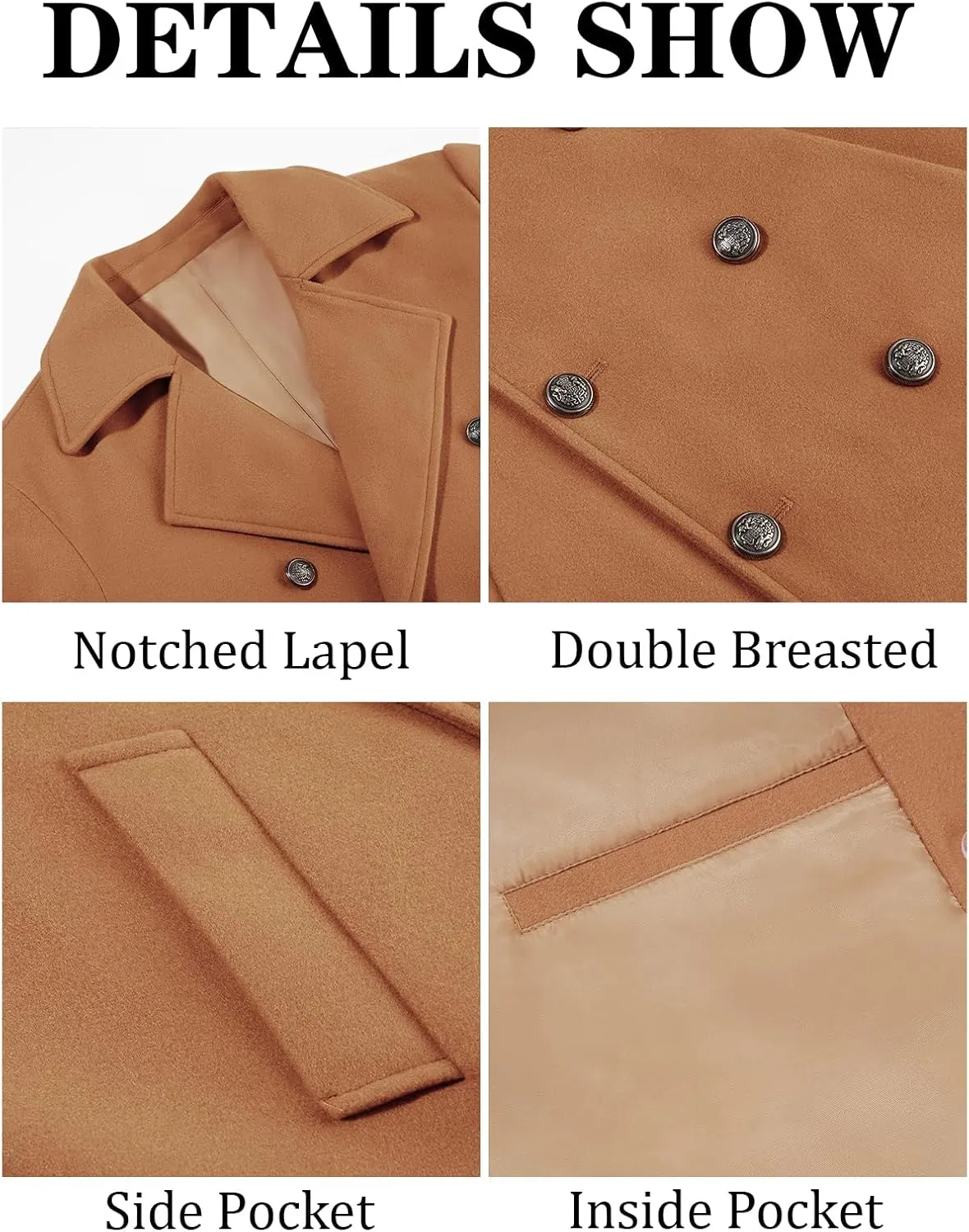 Runcati Mens Double Breasted Trench Coat Notch Lapel Peacoat Mid Long Winter Classic Overcoat