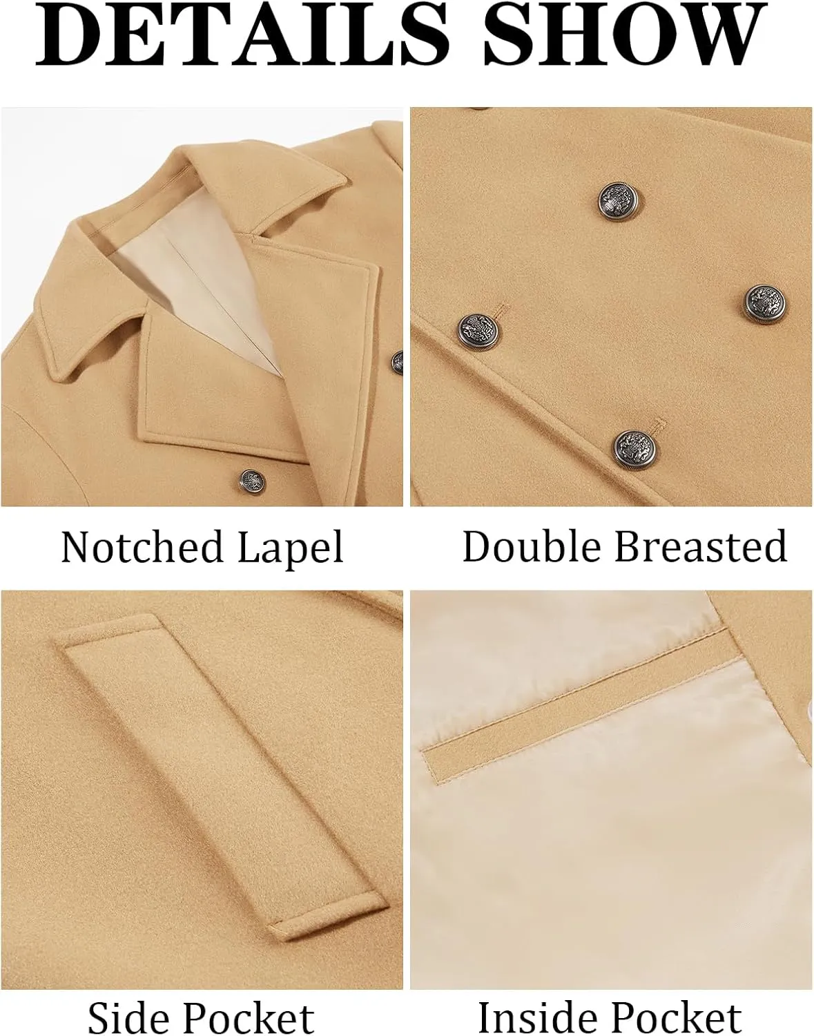Runcati Mens Double Breasted Trench Coat Notch Lapel Peacoat Mid Long Winter Classic Overcoat