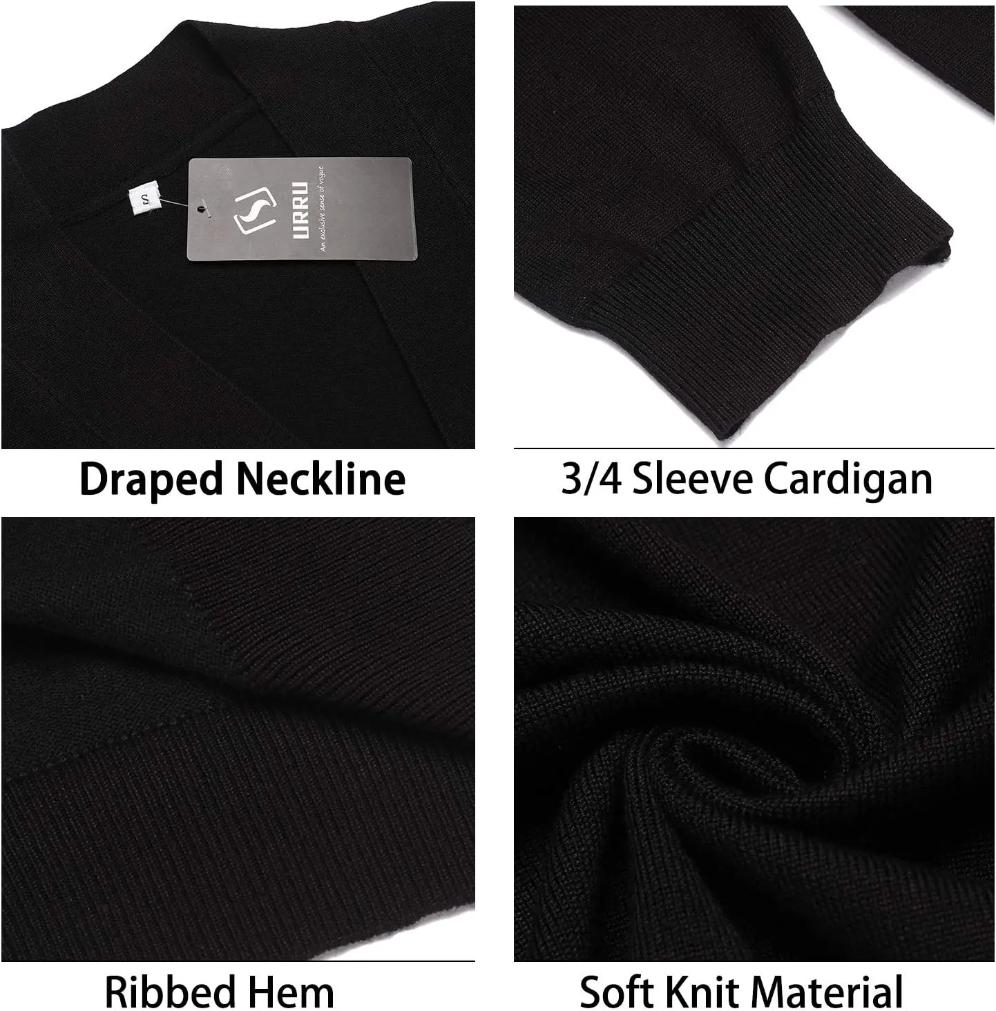 URRU Women's Classic 3/4 Sleeve Open Front Cropped Cardigan Sweater Lightweight Knit Short Shrugs
