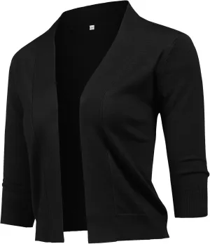URRU Women's Classic 3/4 Sleeve Open Front Cropped Cardigan Sweater Lightweight Knit Short Shrugs