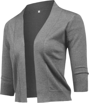 URRU Women's Classic 3/4 Sleeve Open Front Cropped Cardigan Sweater Lightweight Knit Short Shrugs