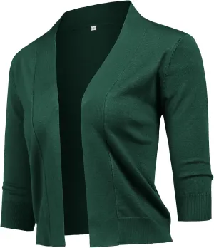 URRU Women's Classic 3/4 Sleeve Open Front Cropped Cardigan Sweater Lightweight Knit Short Shrugs