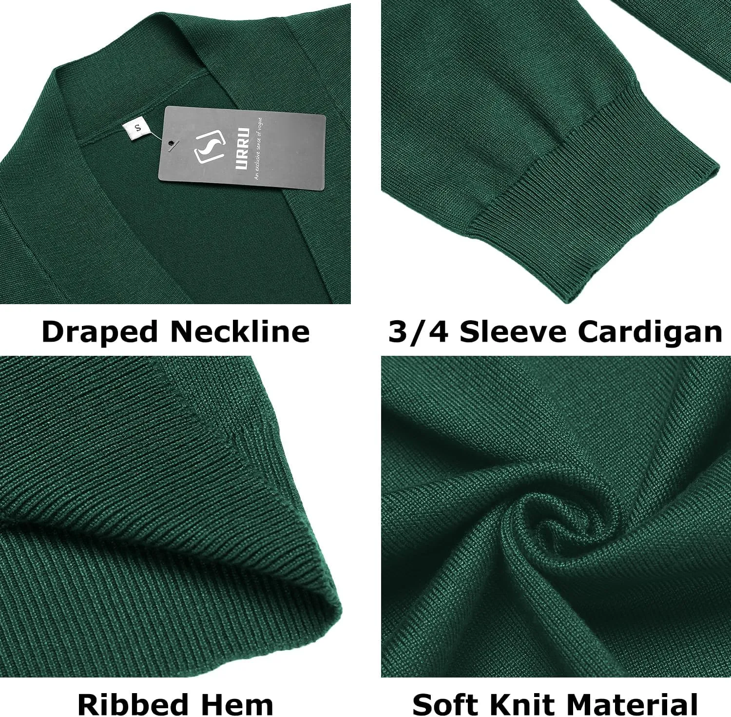 URRU Women's Classic 3/4 Sleeve Open Front Cropped Cardigan Sweater Lightweight Knit Short Shrugs