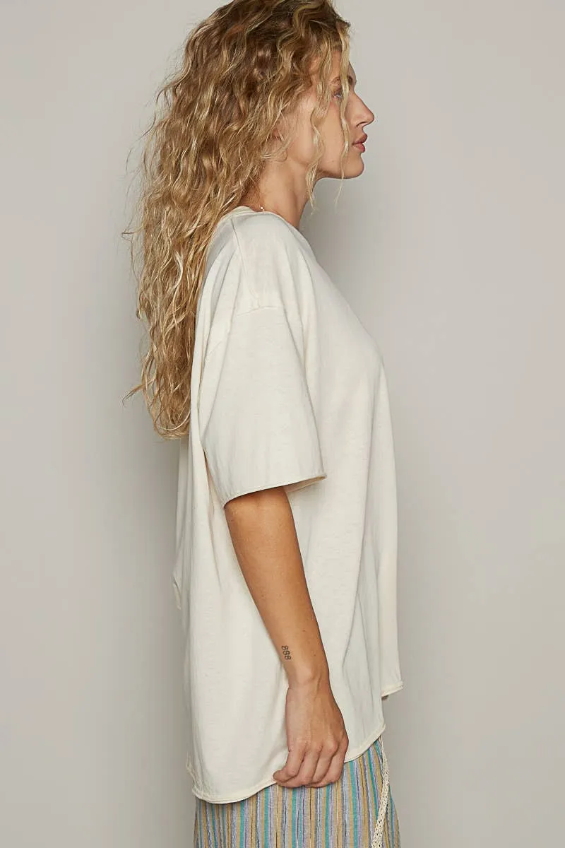 Vintage washed round neck short sleeve basic  CREAM