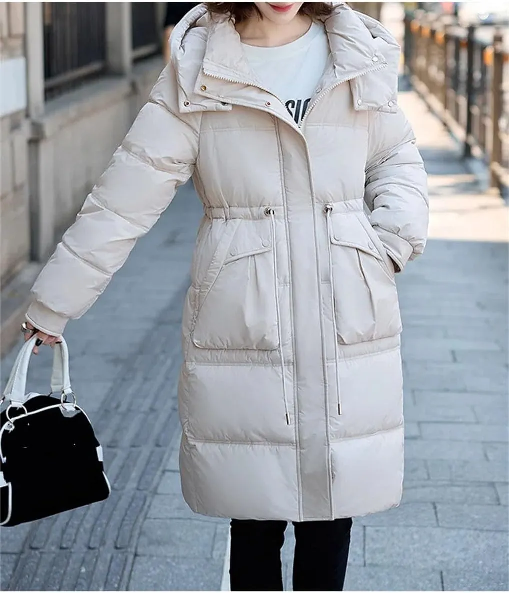 Women Mid-Length Hooded Parka Coat Classic Over-The-Knee Drawstring Waist Cotton-Padded Jacket