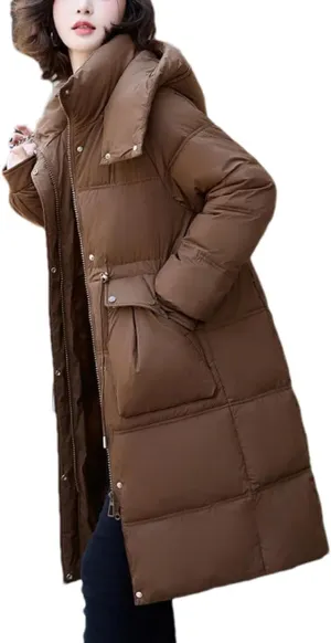 Women Mid-Length Hooded Parka Coat Classic Over-The-Knee Drawstring Waist Cotton-Padded Jacket
