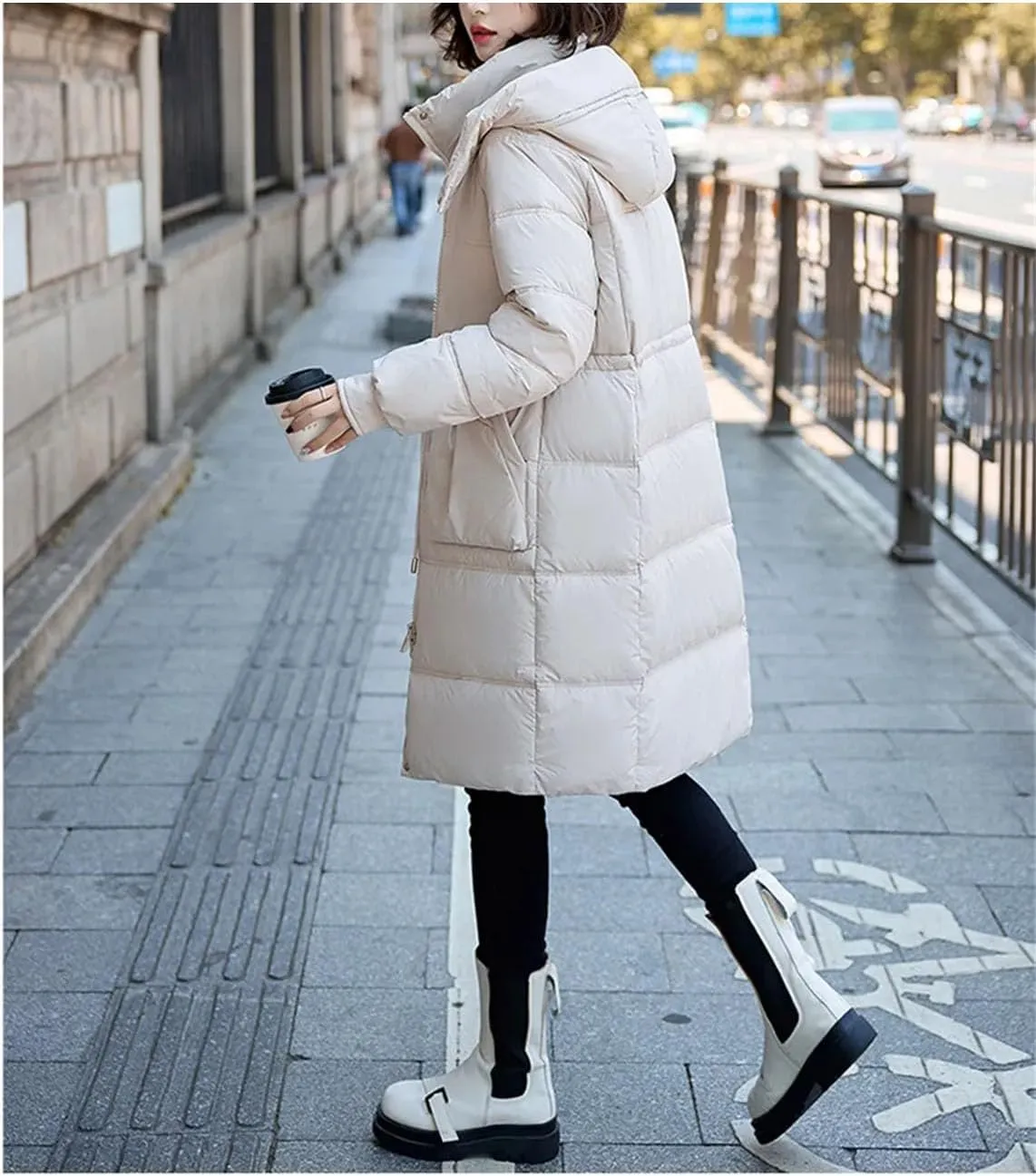 Women Mid-Length Hooded Parka Coat Classic Over-The-Knee Drawstring Waist Cotton-Padded Jacket
