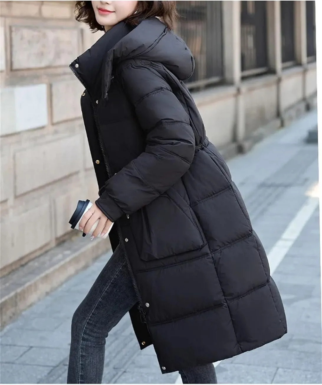 Women Mid-Length Hooded Parka Coat Classic Over-The-Knee Drawstring Waist Cotton-Padded Jacket