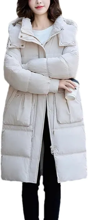 Women Mid-Length Hooded Parka Coat Classic Over-The-Knee Drawstring Waist Cotton-Padded Jacket