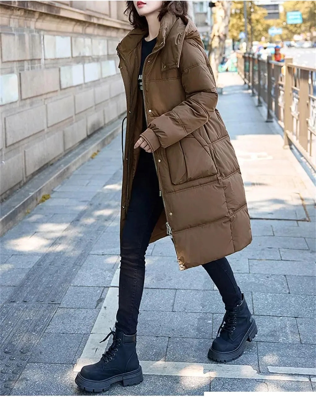Women Mid-Length Hooded Parka Coat Classic Over-The-Knee Drawstring Waist Cotton-Padded Jacket
