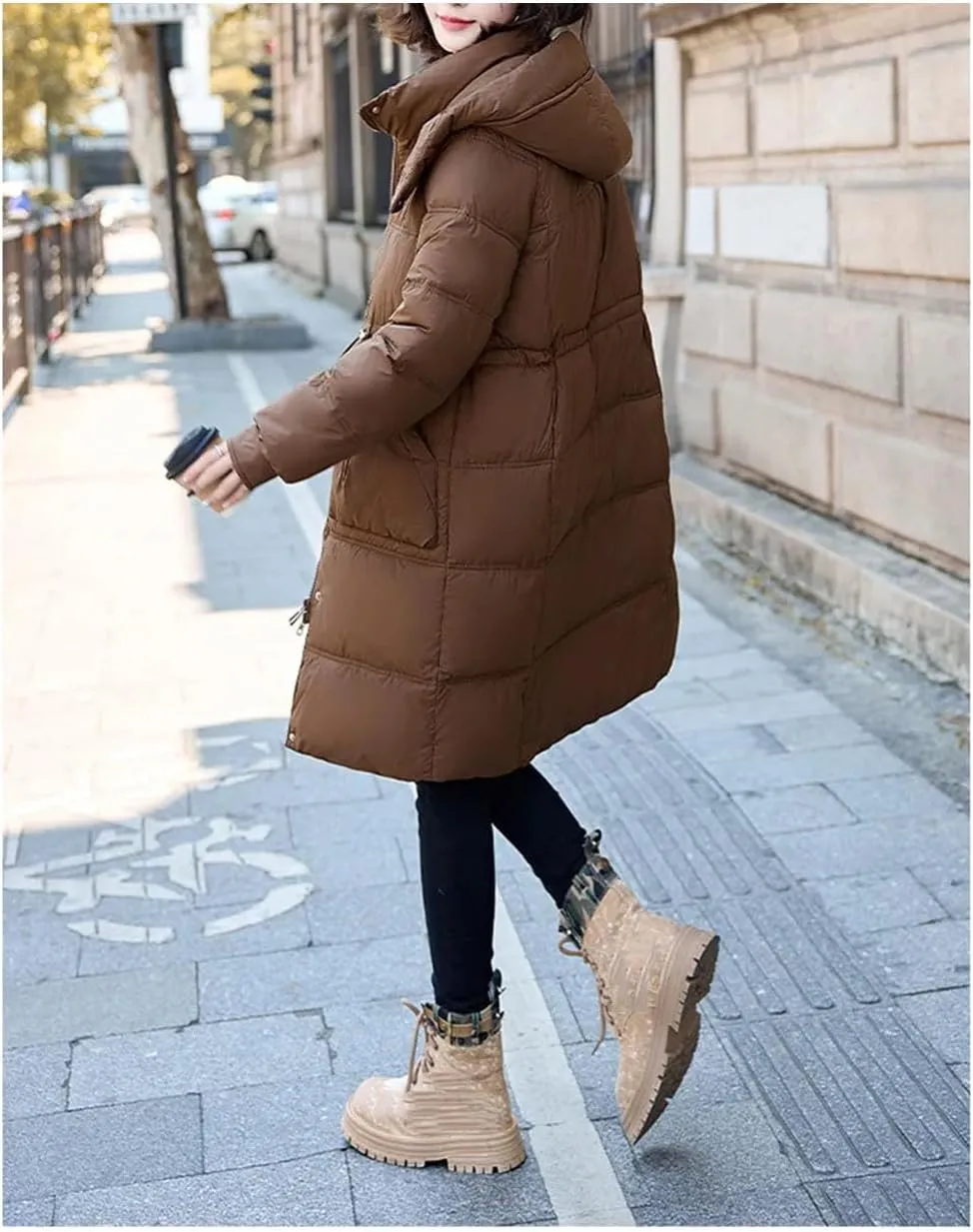 Women Mid-Length Hooded Parka Coat Classic Over-The-Knee Drawstring Waist Cotton-Padded Jacket