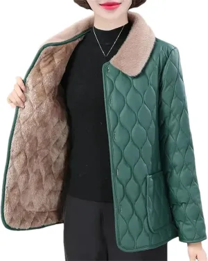 Women Quilted Lapel Pockets Plush Jacket Loose Classic Warm Single Breasted Cotton-Padded Coat