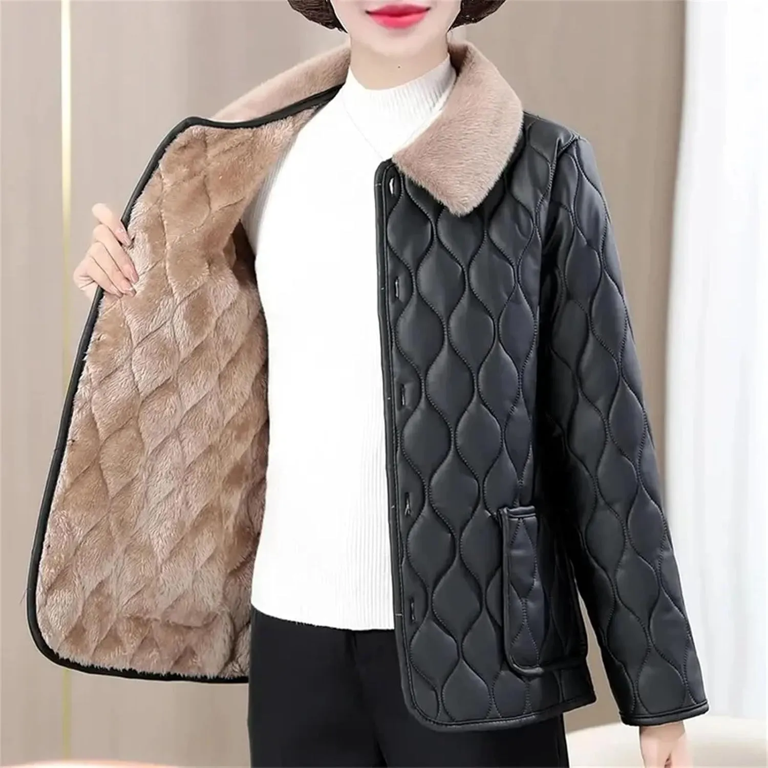 Women Quilted Lapel Pockets Plush Jacket Loose Classic Warm Single Breasted Cotton-Padded Coat