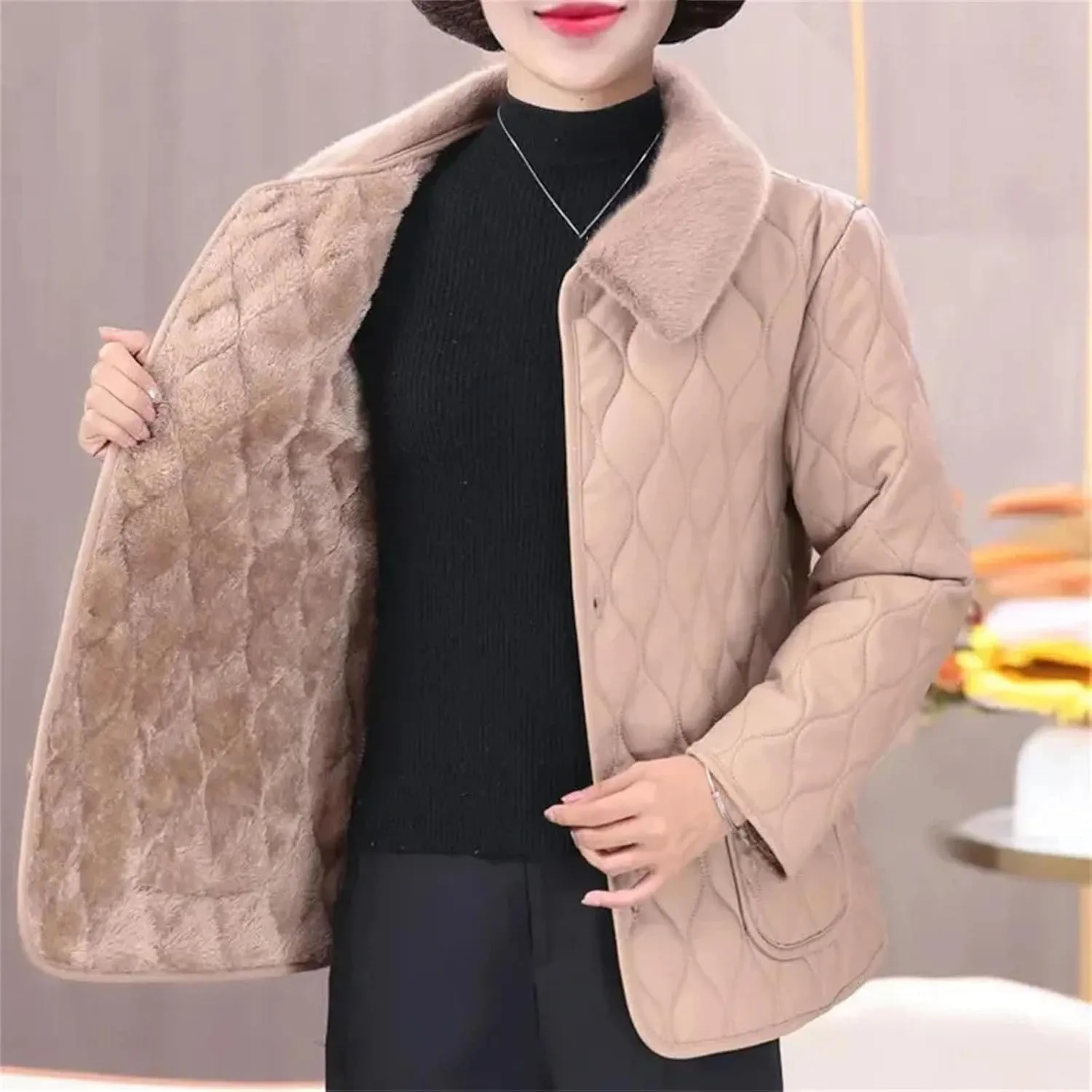 Women Quilted Lapel Pockets Plush Jacket Loose Classic Warm Single Breasted Cotton-Padded Coat