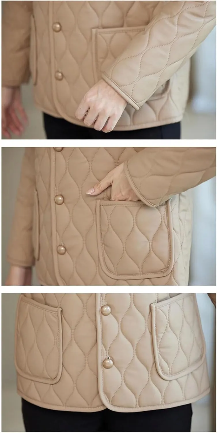 Women Quilted Lapel Pockets Plush Jacket Loose Classic Warm Single Breasted Cotton-Padded Coat