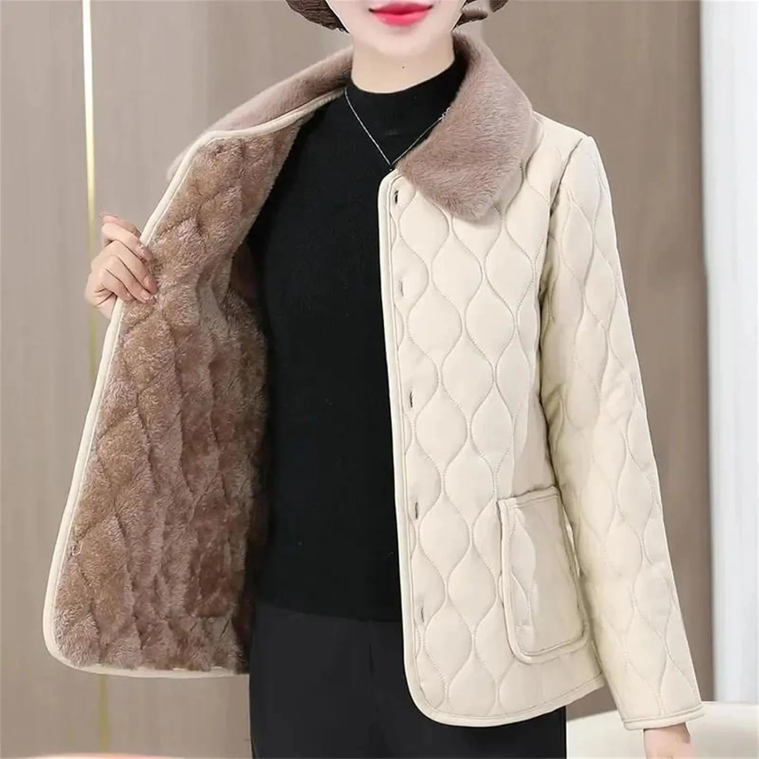 Women Quilted Lapel Pockets Plush Jacket Loose Classic Warm Single Breasted Cotton-Padded Coat
