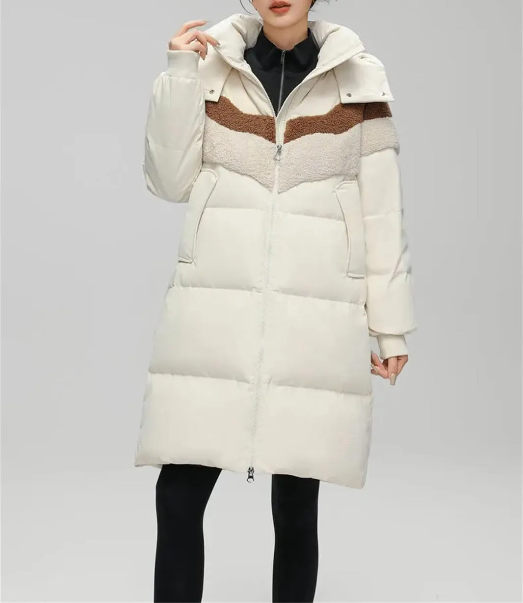 Women Solid Over Knee Down Parka Coat Classic Hooded Splicing Suede Mid-Length Cotton-Padded Jacket