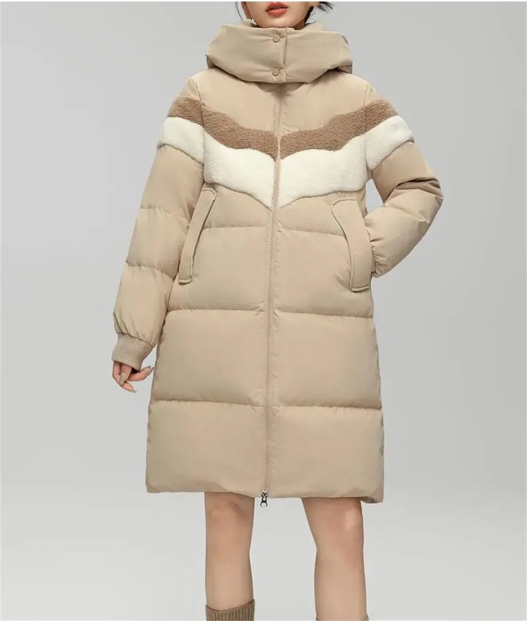 Women Solid Over Knee Down Parka Coat Classic Hooded Splicing Suede Mid-Length Cotton-Padded Jacket