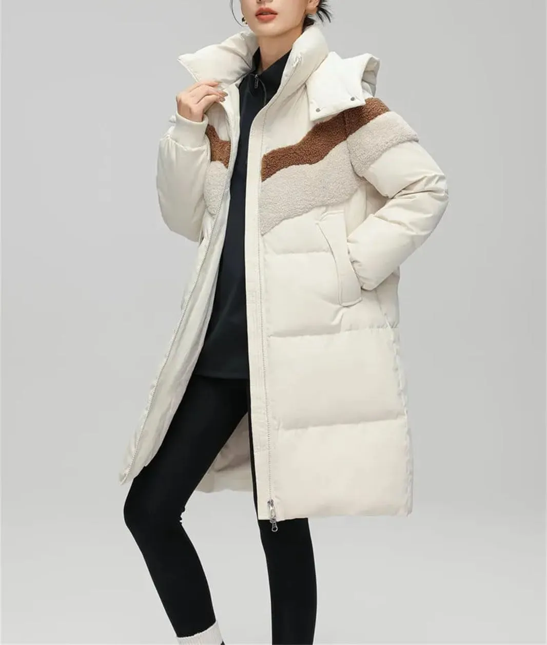 Women Solid Over Knee Down Parka Coat Classic Hooded Splicing Suede Mid-Length Cotton-Padded Jacket