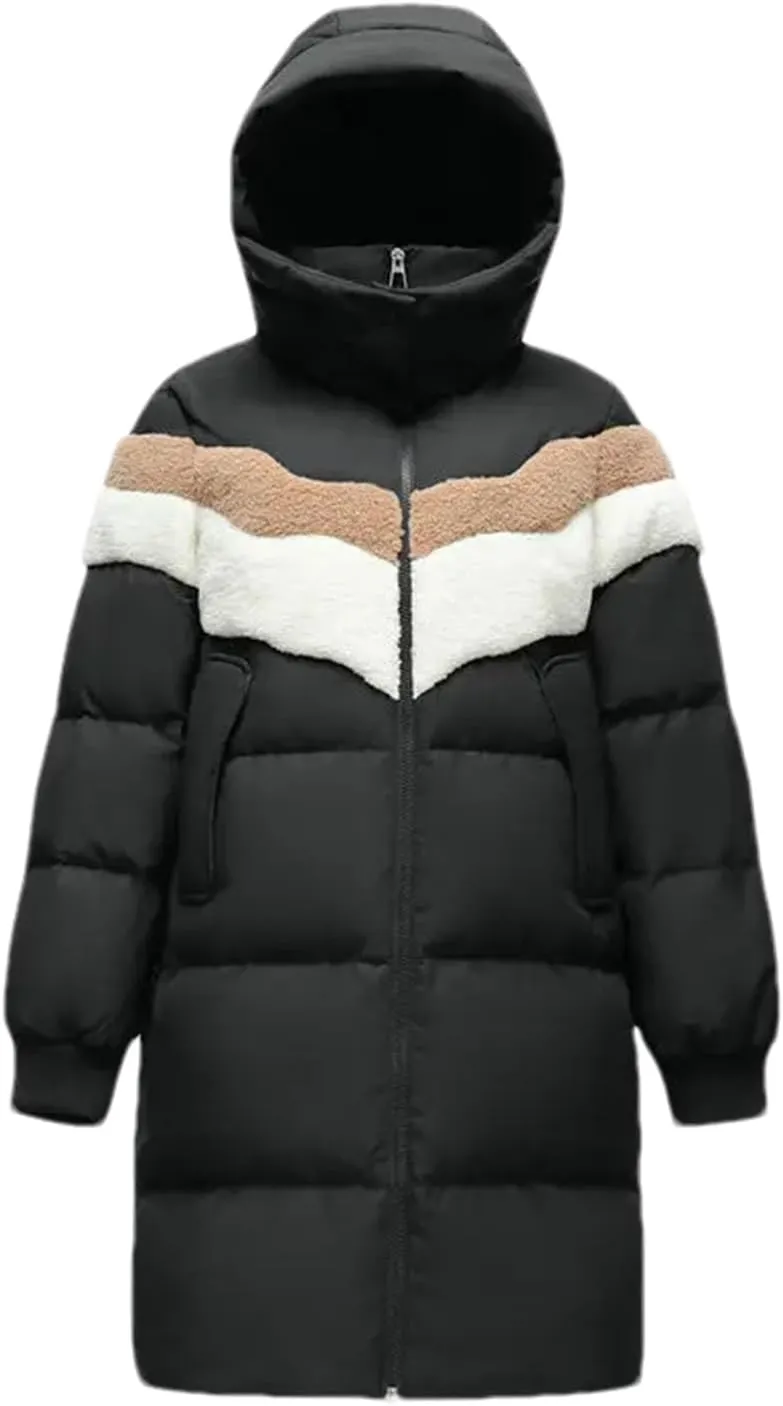 Women Solid Over Knee Down Parka Coat Classic Hooded Splicing Suede Mid-Length Cotton-Padded Jacket