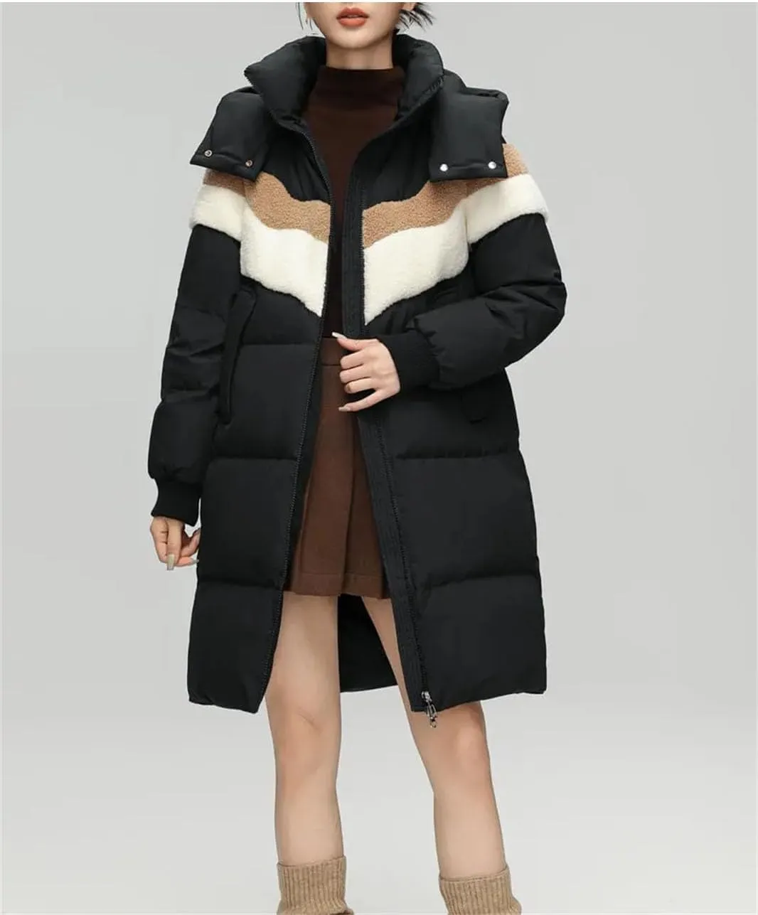 Women Solid Over Knee Down Parka Coat Classic Hooded Splicing Suede Mid-Length Cotton-Padded Jacket