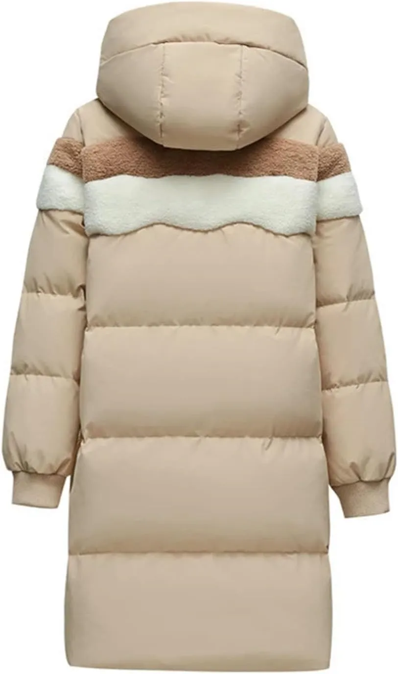 Women Solid Over Knee Down Parka Coat Classic Hooded Splicing Suede Mid-Length Cotton-Padded Jacket