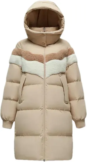 Women Solid Over Knee Down Parka Coat Classic Hooded Splicing Suede Mid-Length Cotton-Padded Jacket