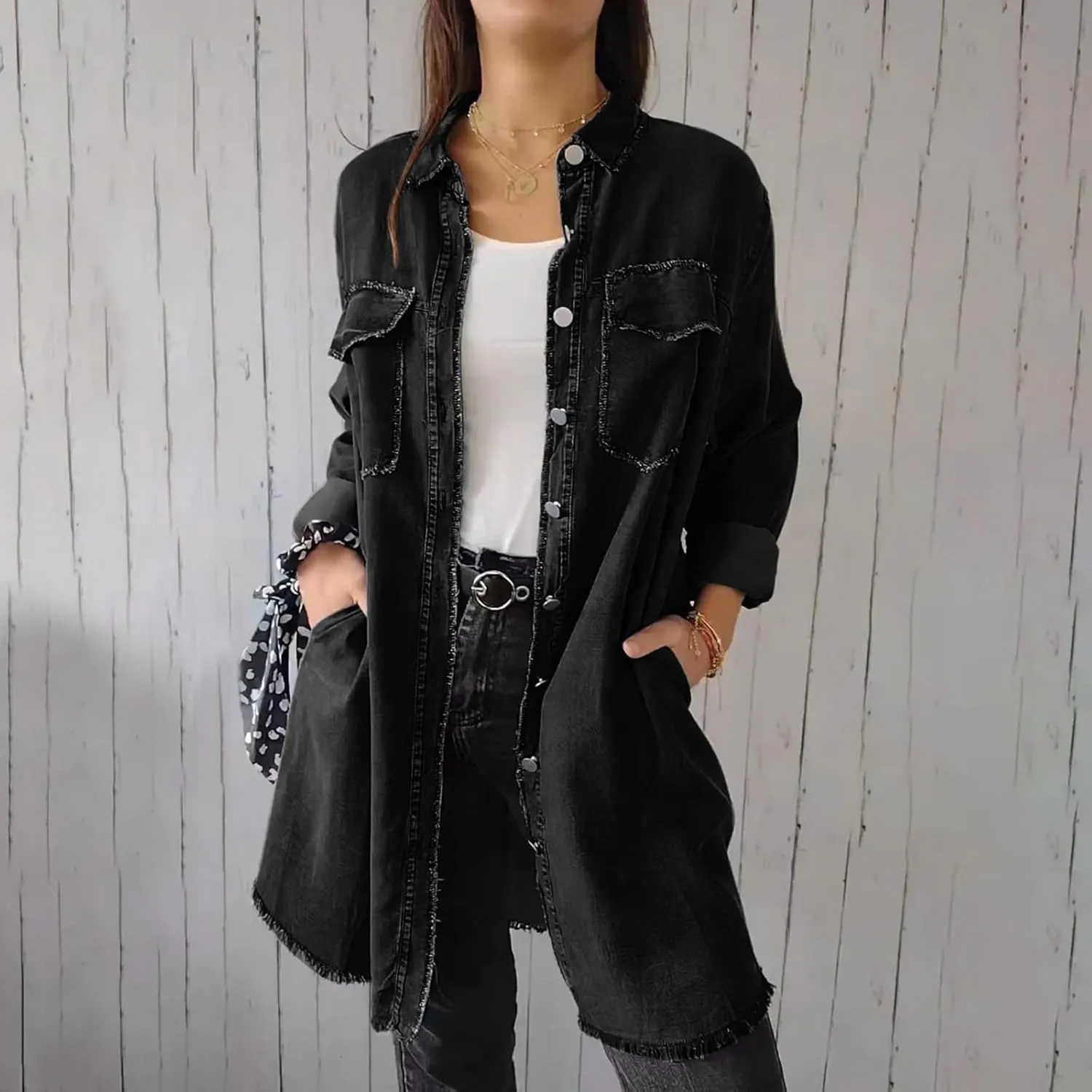 Womens Classic Long Jean Jacket Plus Size Denim Overcoat Button down Long Sleeve Boyfriend Trench Coat Vintage Washed