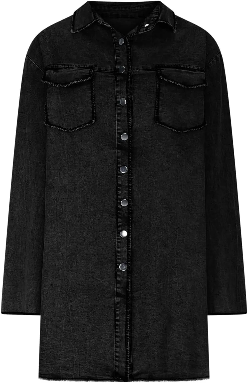 Womens Classic Long Jean Jacket Plus Size Denim Overcoat Button down Long Sleeve Boyfriend Trench Coat Vintage Washed