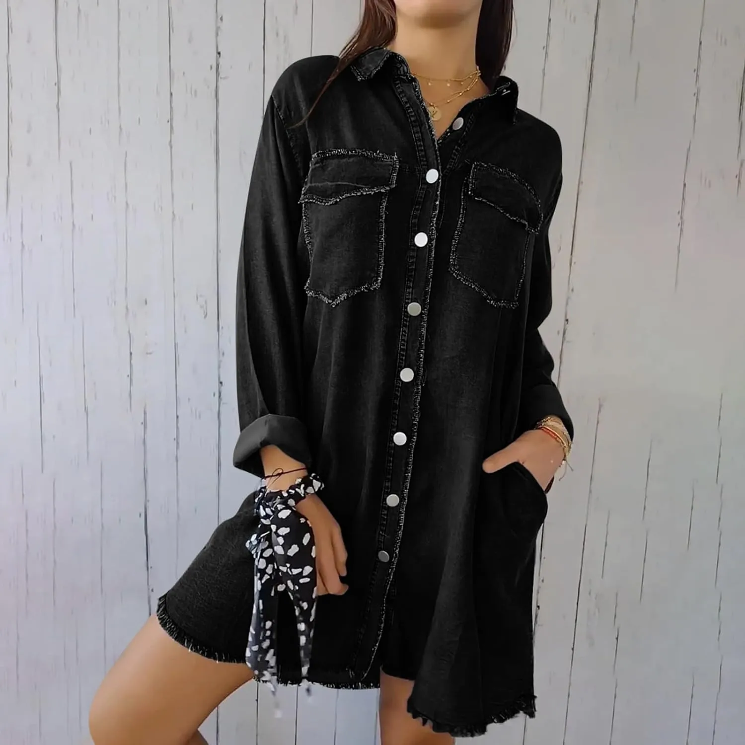 Womens Classic Long Jean Jacket Plus Size Denim Overcoat Button down Long Sleeve Boyfriend Trench Coat Vintage Washed