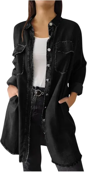 Womens Classic Long Jean Jacket Plus Size Denim Overcoat Button down Long Sleeve Boyfriend Trench Coat Vintage Washed