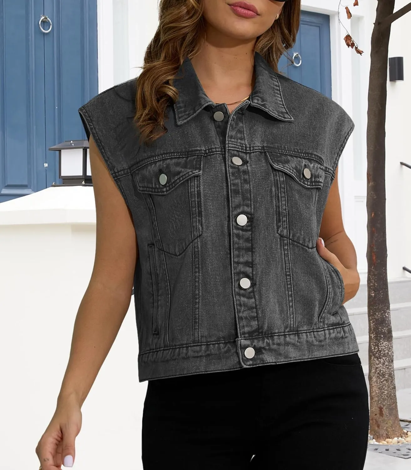 Womens Denim Jean Vest Classic Jean Vest Sleeveless Jackets with Pockets Button Down Jean Waistcoat Gilet