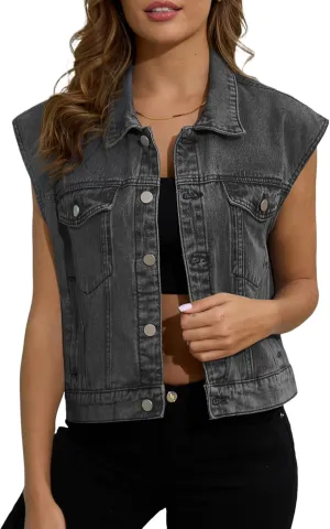 Womens Denim Jean Vest Classic Jean Vest Sleeveless Jackets with Pockets Button Down Jean Waistcoat Gilet