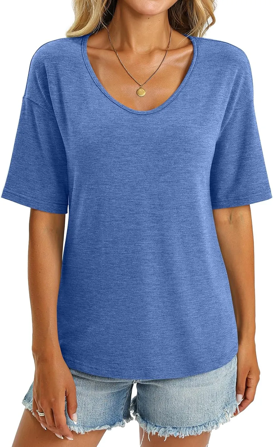 Women's V Neck Tops Elbow Length Shirts Loose Fit Summer Tops Basic Tees
