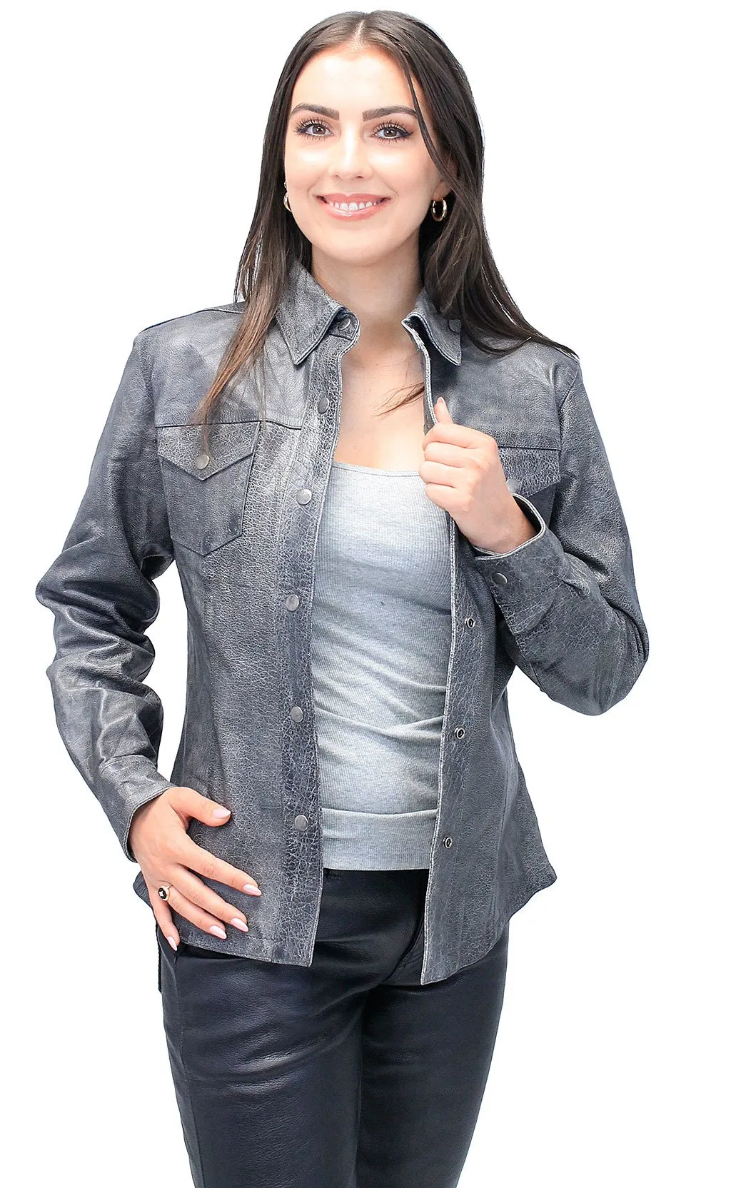 Women's Vintage Gray Leather Shirt #LS8623GY ()