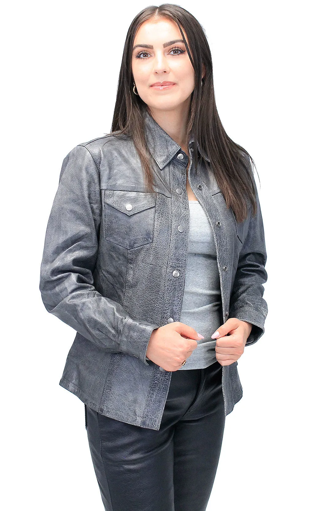 Women's Vintage Gray Leather Shirt #LS8623GY ()
