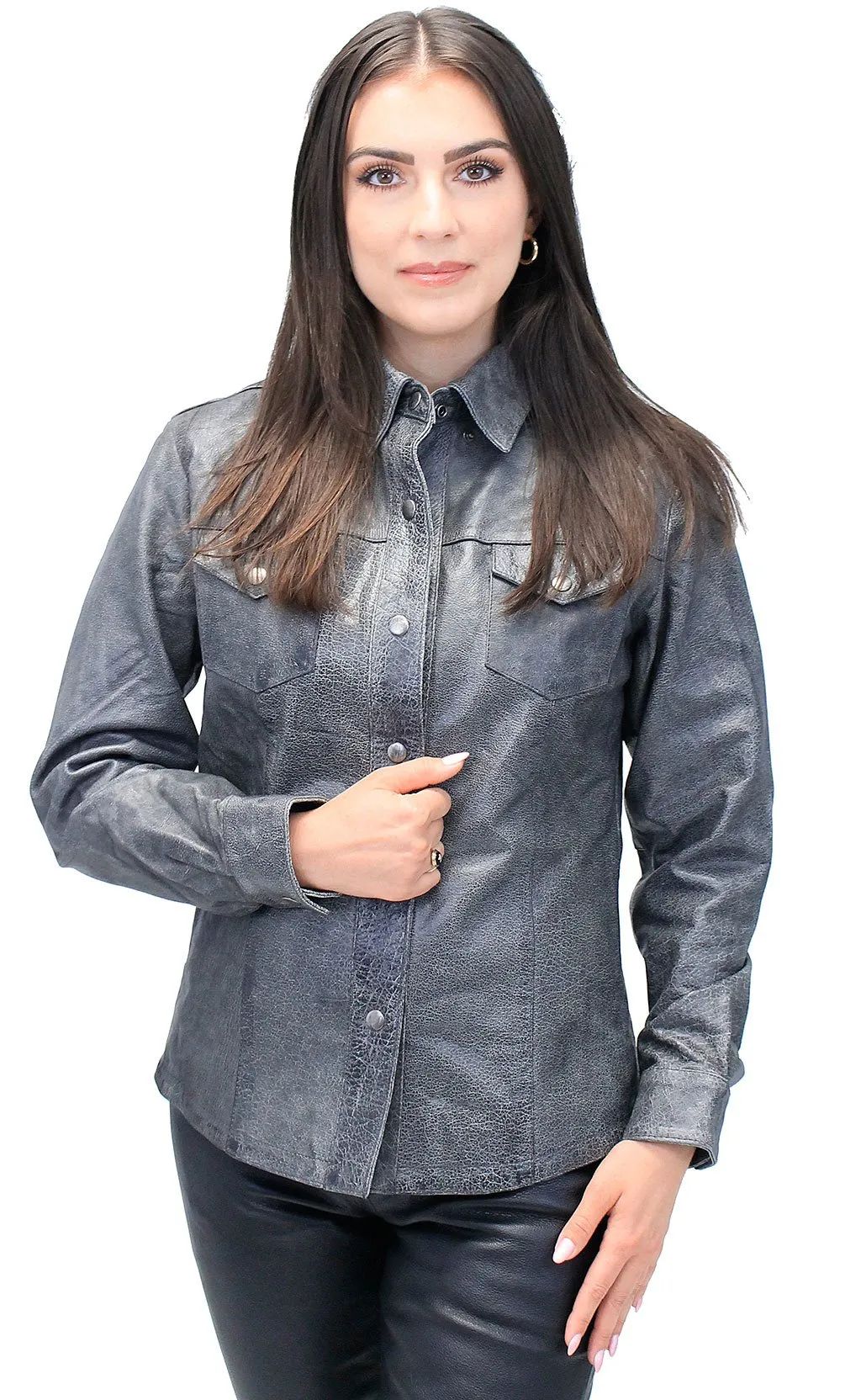 Women's Vintage Gray Leather Shirt #LS8623GY ()