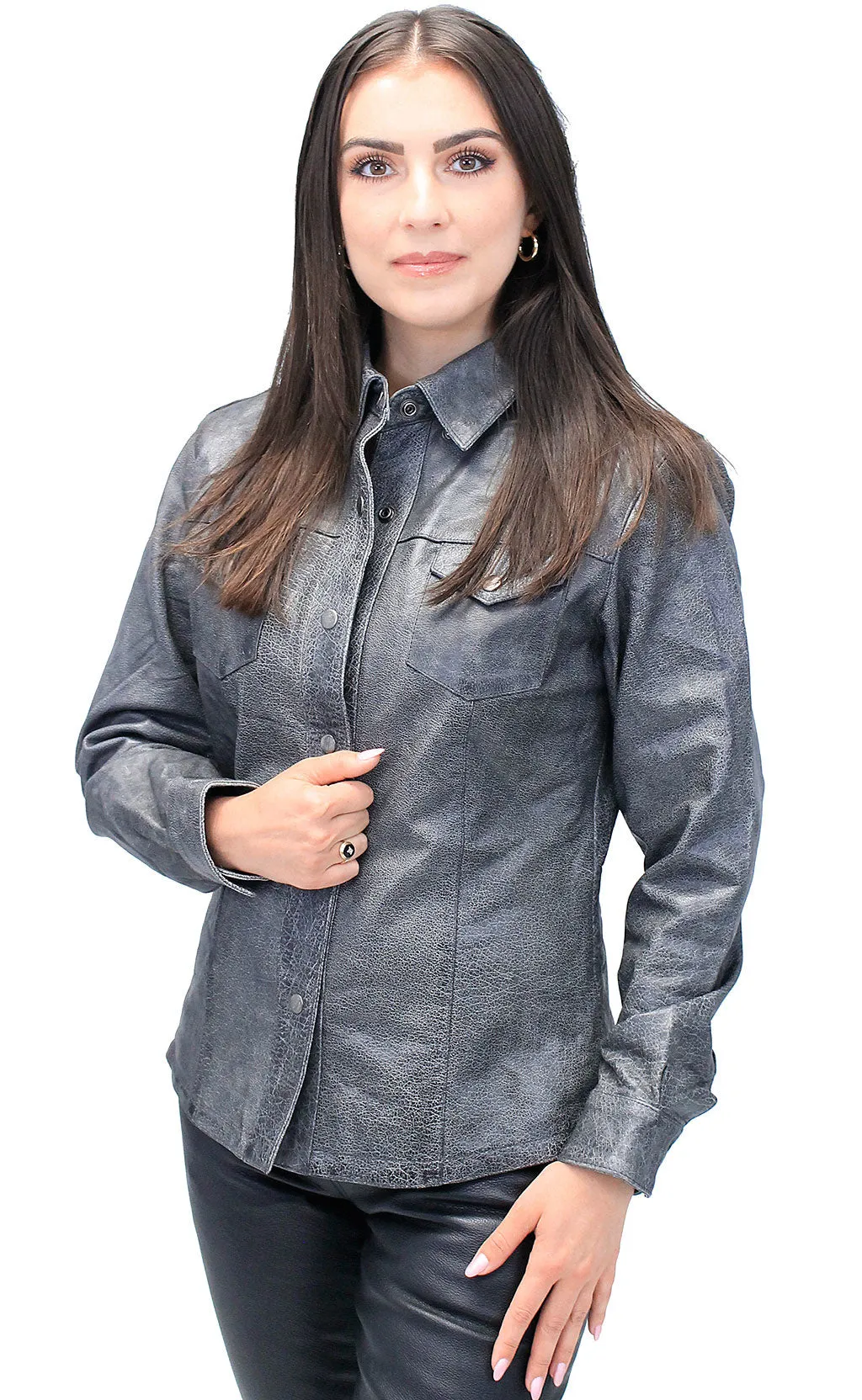 Women's Vintage Gray Leather Shirt #LS8623GY ()