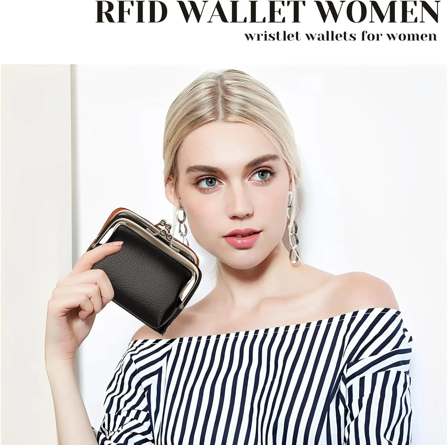 Women's Wristlet Wallet with Coin Purse - 9 Slot Zipper Card Organizer, PU Leather Wrist Wallets for Women with Kiss Lock & Detachable Strap, Multi-Functional Compact Wallet(Black)