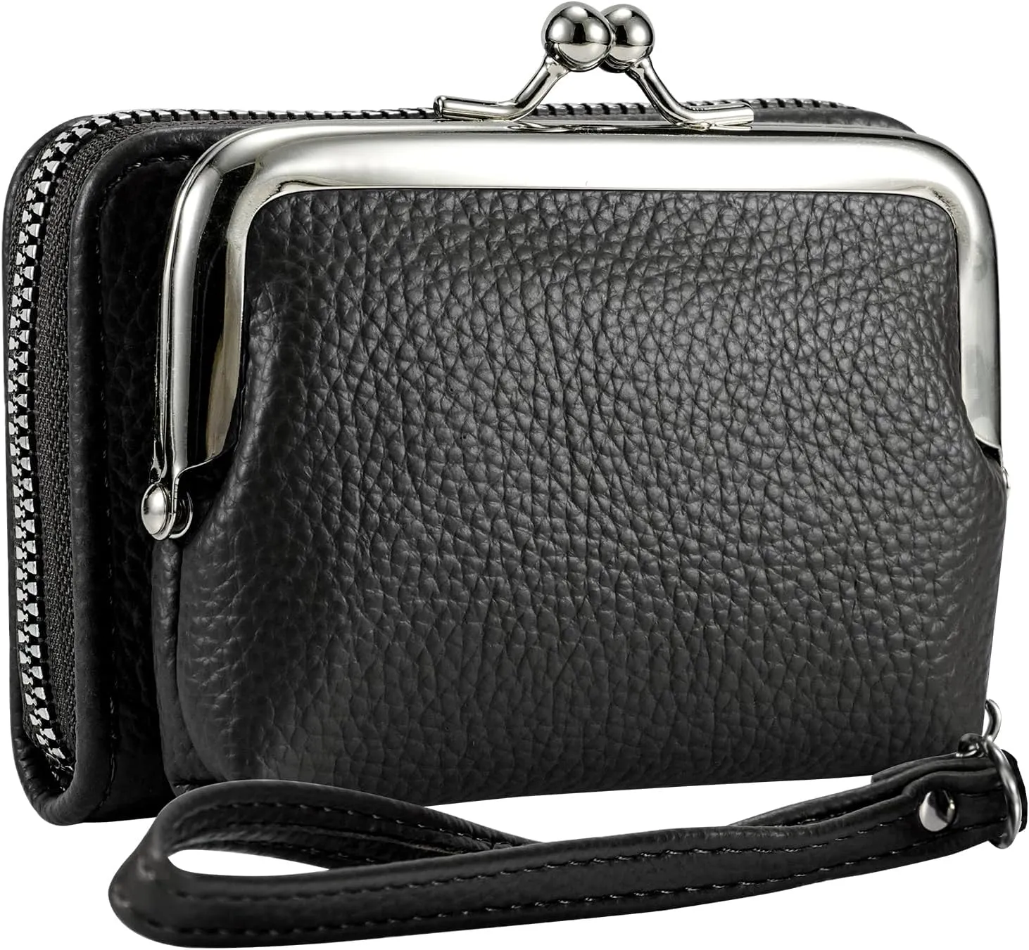 Women's Wristlet Wallet with Coin Purse - 9 Slot Zipper Card Organizer, PU Leather Wrist Wallets for Women with Kiss Lock & Detachable Strap, Multi-Functional Compact Wallet(Black)