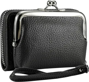 Women's Wristlet Wallet with Coin Purse - 9 Slot Zipper Card Organizer, PU Leather Wrist Wallets for Women with Kiss Lock & Detachable Strap, Multi-Functional Compact Wallet(Black)