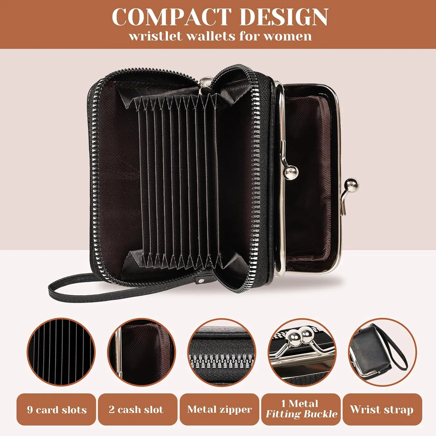 Women's Wristlet Wallet with Coin Purse - 9 Slot Zipper Card Organizer, PU Leather Wrist Wallets for Women with Kiss Lock & Detachable Strap, Multi-Functional Compact Wallet(Black)