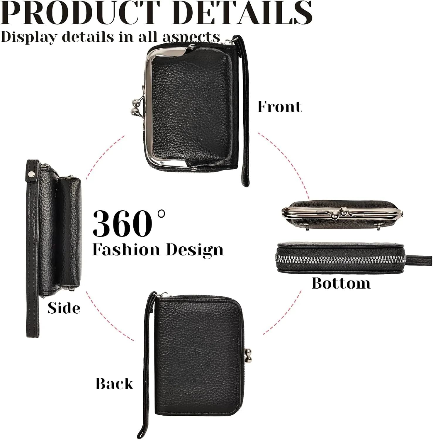 Women's Wristlet Wallet with Coin Purse - 9 Slot Zipper Card Organizer, PU Leather Wrist Wallets for Women with Kiss Lock & Detachable Strap, Multi-Functional Compact Wallet(Black)
